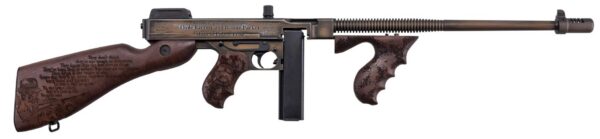 Semi-automatic rifle with a wooden stock and grip, engraved decorative text and images along the stock and forend, and a long barrel with a suppressor-style muzzle device.