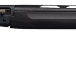 Black pump-action shotgun shown in side profile with long barrel and textured stock/fore-end.