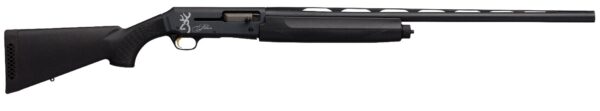 Black pump-action shotgun shown in side profile with long barrel and textured stock/fore-end.