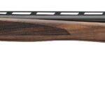 Over-under double-barrel shotgun with a walnut stock and ventilated fore-end, laid horizontally