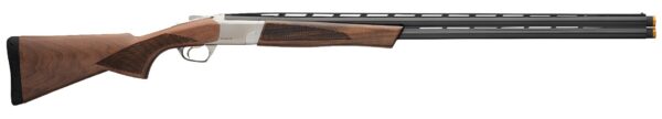 Over-under double-barrel shotgun with a walnut stock and ventilated fore-end, laid horizontally