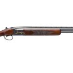 Over-under double-barrel shotgun with a polished wood stock viewed in profile on a white background.