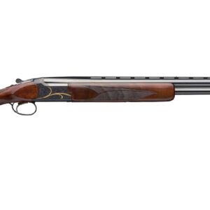 Over-under double-barrel shotgun with a polished wood stock viewed in profile on a white background.