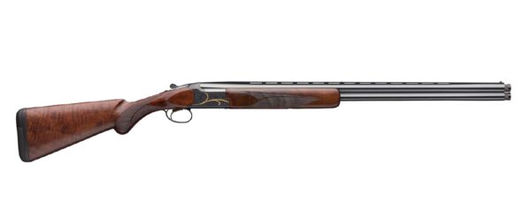 Over-under double-barrel shotgun with a polished wood stock viewed in profile on a white background.