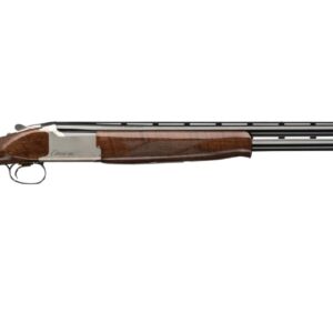 Side-profile view of a double-barreled shotgun with a polished wooden stock and walnut forend.