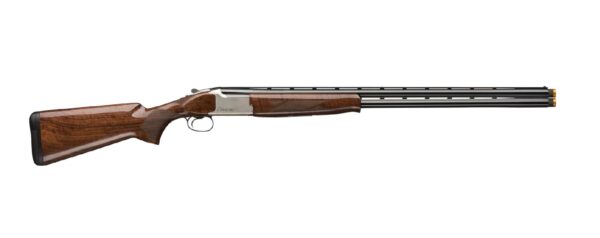 Side-profile view of a double-barreled shotgun with a polished wooden stock and walnut forend.