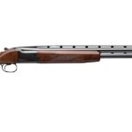 Side view of a double-barrel shotgun with a walnut stock and checkered grip, shown in full length to the right