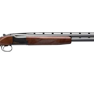 Side view of a double-barrel shotgun with a walnut stock and checkered grip, shown in full length to the right