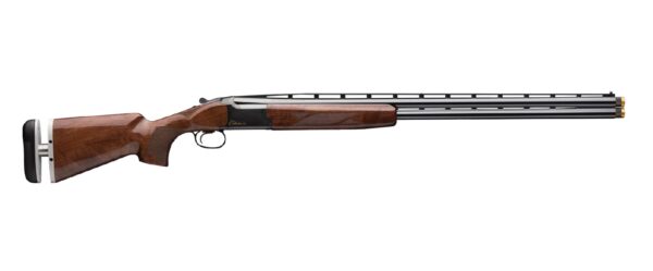 Side view of a double-barrel shotgun with a walnut stock and checkered grip, shown in full length to the right