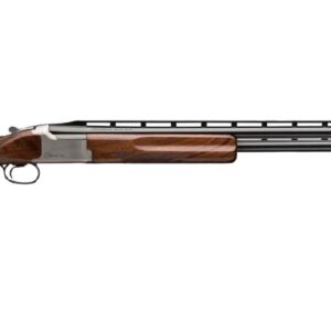 Side-by-side double-barrel shotgun with a wooden stock and metal receiver on a plain background.