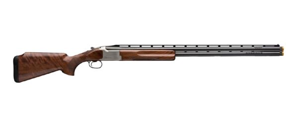 Side-by-side double-barrel shotgun with a wooden stock and metal receiver on a plain background.