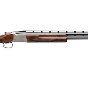 Over-under double-barrel shotgun with a polished wooden stock and metal receiver, shown from the side in a resting position