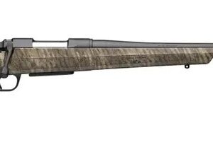 Camouflage-stock lever-action rifle with a long barrel.