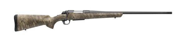 Camouflage-stock lever-action rifle with a long barrel.