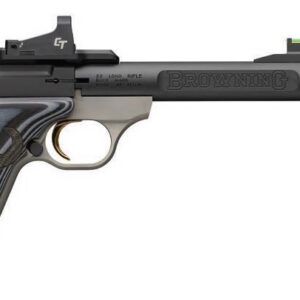 Side view of a Browning semi-automatic pistol with a threaded barrel and muzzle device, shown in profile with a textured grip