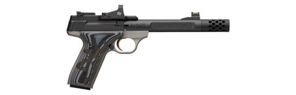 Side view of a Browning semi-automatic pistol with a threaded barrel and muzzle device, shown in profile with a textured grip