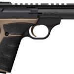 Left-side profile of a black and tan semi-automatic pistol with a textured grip and tactical rail by the barrel