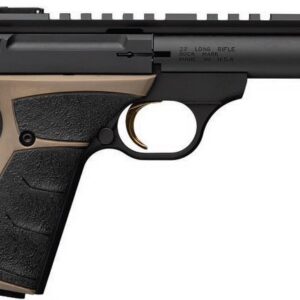Left-side profile of a black and tan semi-automatic pistol with a textured grip and tactical rail by the barrel