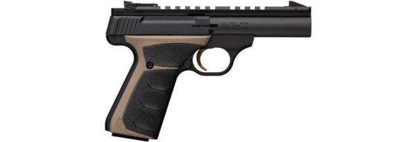 Left-side profile of a black and tan semi-automatic pistol with a textured grip and tactical rail by the barrel