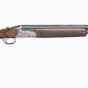 Side view of a double-barrel shotgun with a wooden stock and engraved silver receiver.