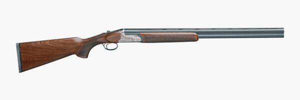 Side view of a double-barrel shotgun with a wooden stock and engraved silver receiver.