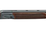 Side view of a double-barrel shotgun with a wooden stock and fore-end.