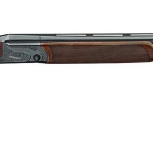 Side view of a double-barrel shotgun with a wooden stock and fore-end.