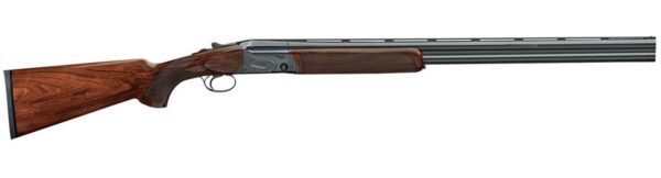 Side view of a double-barrel shotgun with a wooden stock and fore-end.