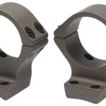 Pair of gray rifle scope rings with bases for mounting a scope.
