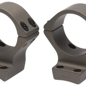 Pair of gray rifle scope rings with bases for mounting a scope.
