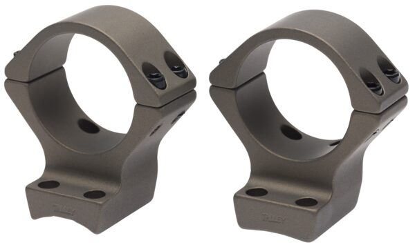 Pair of gray rifle scope rings with bases for mounting a scope.