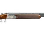 Over-under shotgun with a polished wooden stock and silver engravings along the receiver, barrel extending to the right.