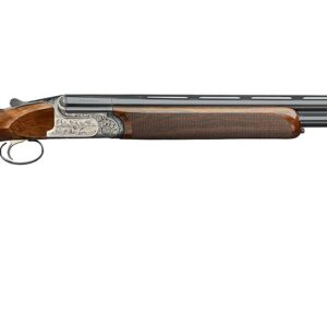Over-under shotgun with a polished wooden stock and silver engravings along the receiver, barrel extending to the right.