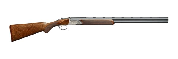 Over-under shotgun with a polished wooden stock and silver engravings along the receiver, barrel extending to the right.