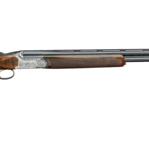 Side view of a double-barrel shotgun with a polished wooden stock and engraved metallic receiver.