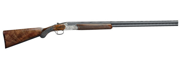 Side view of a double-barrel shotgun with a polished wooden stock and engraved metallic receiver.