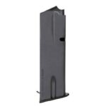 Gray metal handgun magazine standing vertically with feed lips visible at the top