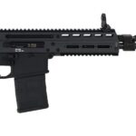 Side view of a black AR-style assault rifle with a long barrel, Picatinny handguard, iron sights, and a detachable box magazine.