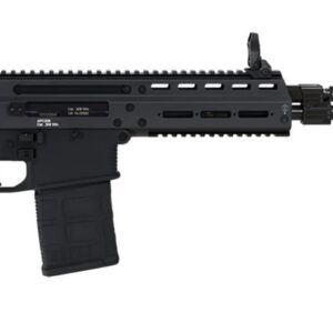 Side view of a black AR-style assault rifle with a long barrel, Picatinny handguard, iron sights, and a detachable box magazine.