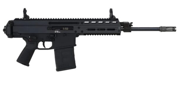 Side view of a black AR-style assault rifle with a long barrel, Picatinny handguard, iron sights, and a detachable box magazine.