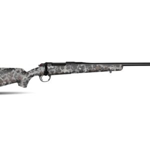 Camouflage-pattern bolt-action rifle shown in profile with long black barrel on a white background.
