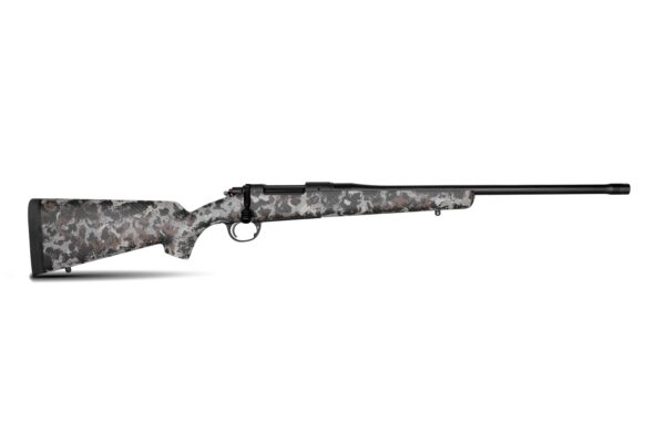 Bolt-action rifle with a gray camouflage pattern on a white background.