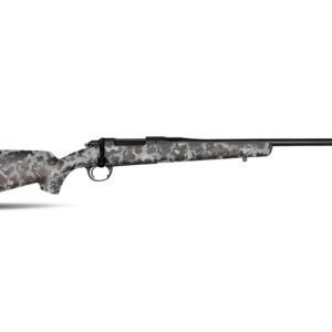 Bolt-action hunting rifle with a gray camouflage stock, shown in side profile on a white background.