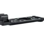 Black rifle scope mount with a ribbed clamping block on the left and a long perforated rail with circular holes on the right.