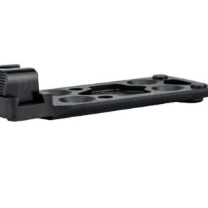 Black rifle scope mount with a ribbed clamping block on the left and a long perforated rail with circular holes on the right.