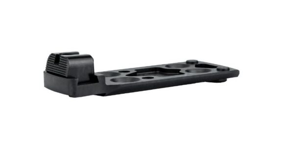 Black rifle scope mount with a ribbed clamping block on the left and a long perforated rail with circular holes on the right.