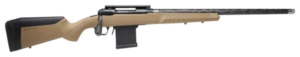 Tan Savage hunting rifle shown in profile with black recoil pad stock and detachable magazine.