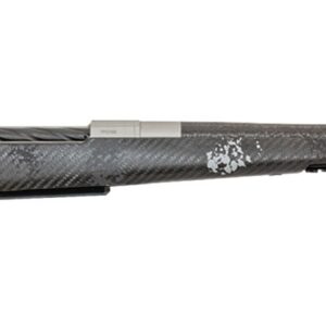 Bolt-action hunting rifle with a carbon-fiber camouflage finish and adjustable stock, shown in profile from left to right