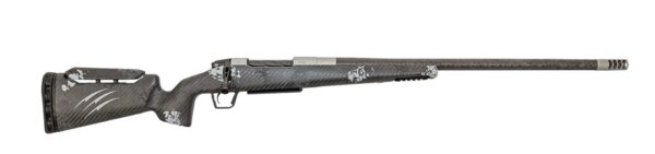 Bolt-action hunting rifle with a carbon-fiber camouflage finish and adjustable stock, shown in profile from left to right