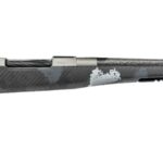 Bolt-action rifle with a gray-black camouflage carbon-fiber stock and a long barrel with a muzzle brake edge.